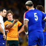 BRISBANE, AUSTRALIA - JULY 17: Michael Hooper of the Wallabies makes his point to the referee after Marika Koroibete  of the Wallabies was sent off for a high tackle during the International Test Match between the Australian Wallabies and France at Suncorp Stadium on July 17, 2021 in Brisbane, Australia. Mitchell