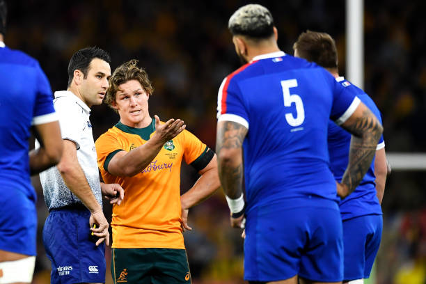 BRISBANE, AUSTRALIA - JULY 17: Michael Hooper of the Wallabies makes his point to the referee after Marika Koroibete  of the Wallabies was sent off for a high tackle during the International Test Match between the Australian Wallabies and France at Suncorp Stadium on July 17, 2021 in Brisbane, Australia. Mitchell